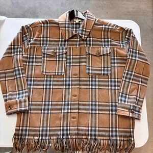 A.N.A Women’s Plaid Tan Jacket with Fringe Boho Style Size Large